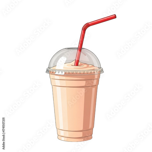 Refreshing creamy peach smoothie in a clear plastic cup with red straw illustration