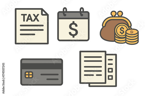 Tax and finance icon set vector collection. Business and economy concept. Tax form, money payment day calendar, cash coin purse, credit card. Accounting and budget symbols.