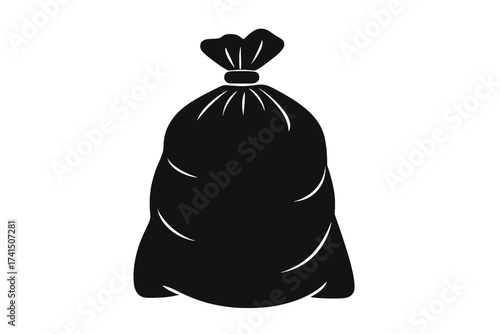 Trash bag silhouette vector icon. Black plastic sack for garbage, waste, and rubbish disposal. Junk, litter, and household cleaning concept. Environmental pollution symbol.