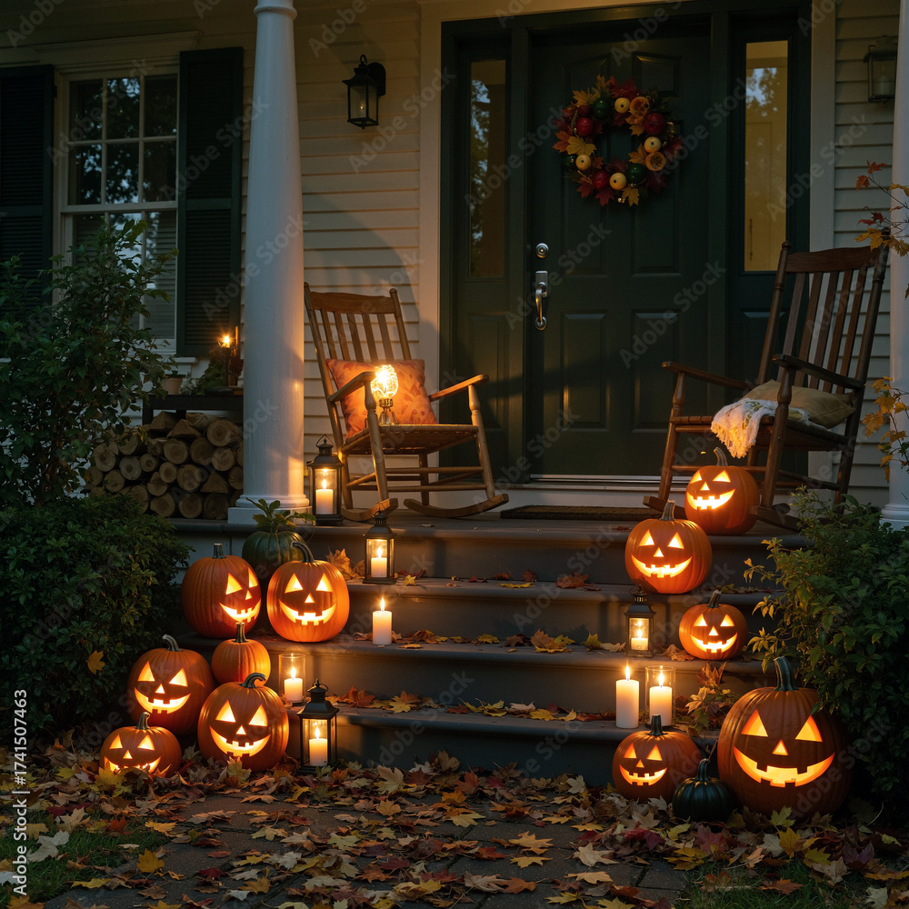 Obraz premium Cozy front porch decorated for Halloween with glowing jack-o’-lantern pumpkins, candles, rocking chairs, autumn leaves, and festive wreath. Warm seasonal atmosphere perfect for Halloween invitations, 