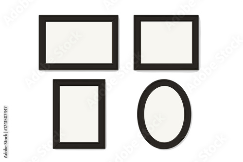 Set of black photo frames. Realistic 3D picture frame mockup collection. Blank empty templates for wall gallery. Oval, square, rectangle shapes. Modern classic interior decor.