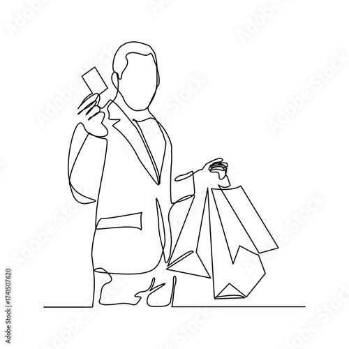 Continuous singe line of happiness man holding paper shopping bags. Vector illustration editable stroke sketch drawing of shopper big sale consumerism