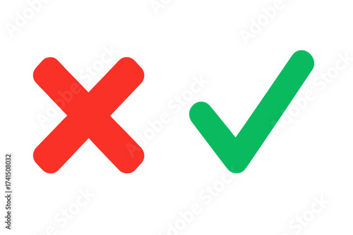 Red cross and green tick vector icon set. Yes and no checkmark symbols. Right, wrong, approved, rejected signs. Correct and incorrect choice buttons for web survey or vote.