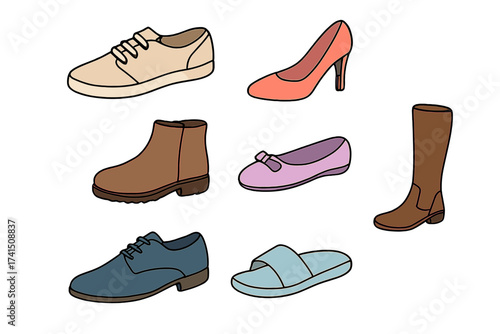 Set of shoes icons. Vector collection of various footwear for men and women. Cartoon illustration of sneaker, high heel, boot, flat, oxford, slipper. Fashion and style concept.