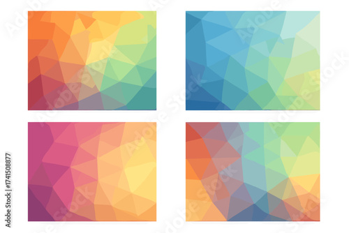 Abstract polygonal background set. Colorful low poly crystal texture collection. Geometric vector triangle mosaic pattern. Modern futuristic vibrant gradient design element pack.