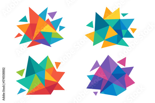 Colorful abstract triangle vector set. Geometric low poly crystal shapes. Modern polygonal background elements for logo, banner, or icon design. Isolated polygon collection.