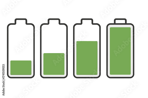 Battery charge level indicator set. Icons showing power status from low to full. Energy progress bar for mobile app UI, web design. Vector illustration of accumulator charging.