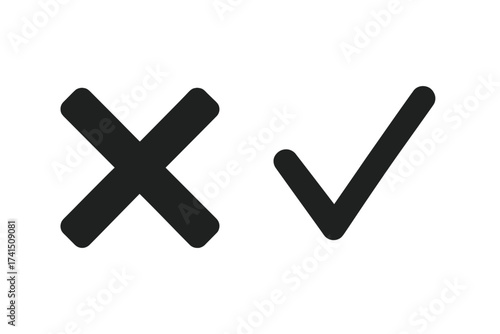 Black check mark and cross vector icon set. Yes and No signs. Right and Wrong symbols for evaluation. Correct, incorrect choice. Accept, decline button for web UI UX design.
