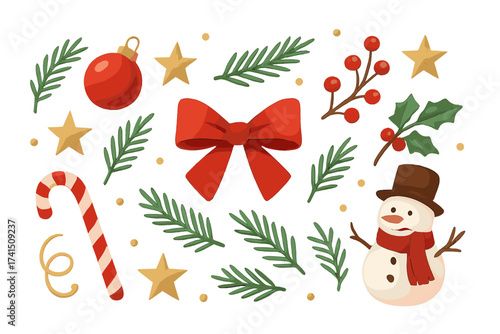 Christmas 3D elements set. Plasticine vector collection. Winter holiday decoration. Snowman, candy cane, bow, star, holly, fir branch. New Year cute cartoon icon pack.