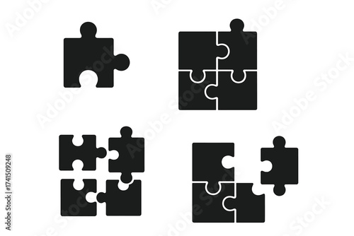 Puzzle icon set. Jigsaw piece collection. Metaphor for business solution, teamwork, and strategy. Concept of connection, partnership, problem-solving, and collaboration.
