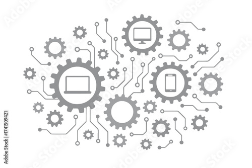 Electronics mechanism abstract background. Connected gears and integrated flat icons. Symbols for laptop, monitor, phone. Vector interactive communication technology concept.