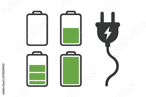 Battery charge status indicator icons. Full and empty energy level symbol. Electric power charger adapter with plug. Mobile phone vector sign. Load, electricity, alkaline.