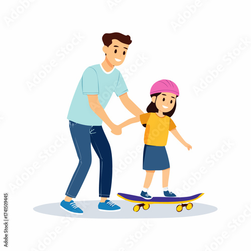 Father teaching daughter skateboarding outdoors