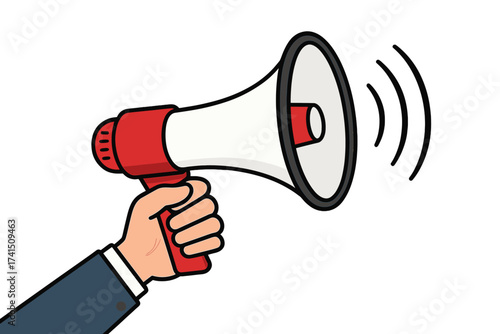 Hand holding megaphone for marketing, advertising, announcement. Loudspeaker for speech, protest, or breaking news. Loud alert, communication, warning, and attention concept.