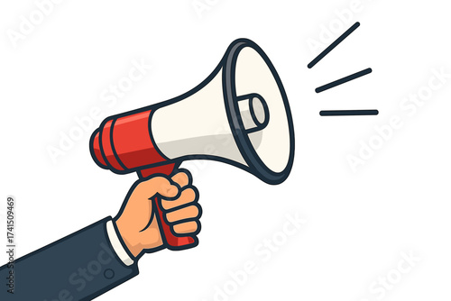 Hand holding megaphone. Announcing, shouting for promotion, advertising. Bullhorn for marketing, alert, attention. Vector illustration. Man with loudspeaker for protest, speech.