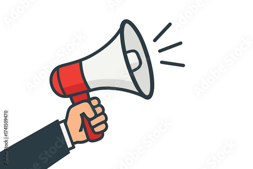 Hand holding megaphone. Announcing through loudspeaker. Concept for business promotion, marketing, advertising, alert. Public announcement, communication, speech, protest, news.