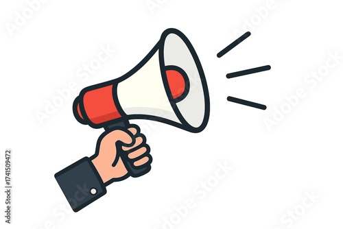 Hand holding megaphone for announcement, advertising, or protest. Concept for marketing, speech, alert, and communication. Loudspeaker icon for news, propaganda, or rally.