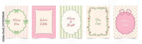 Christmas border frames set. Hand drawn whimsical lines with bows and ribbons in cute coquette style. Festive red, green, and pink colors. Minimalist design for posters, invitations, and greeting card