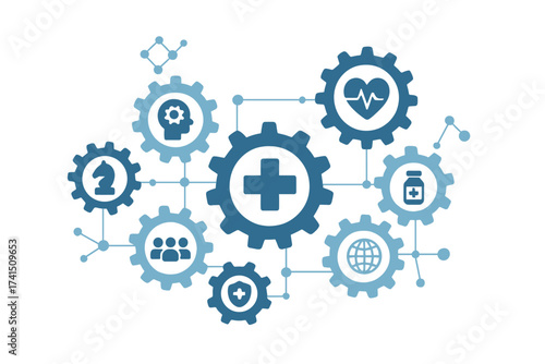 Healthcare mechanism concept. Infographic of connected gears with medical icons. Vector illustrates health strategy, patient care, medicine network, pharmacy, global health system.
