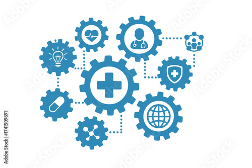 Healthcare mechanism concept. Interconnected gears with medical icons. Health system strategy. Global medicine, care, network, and innovation. Abstract vector illustration.