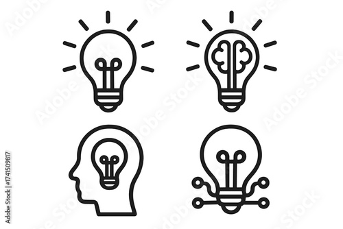 Light bulb idea icon set. Brain, head, technology symbols for innovation, creativity, solution. Vector line art for inspiration, thinking, brainstorming, intelligence concept.