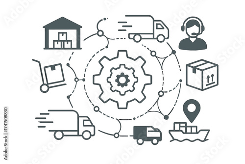 Logistics and supply chain management concept. Global distribution, freight shipping, and delivery service. Vector infographic with transport, warehouse, and cargo flow icons.