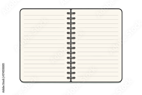 Realistic open notebook template with lined paper and spiral binding. Vector illustration of a diary or journal for writing notes. School or office supply mockup with shadow.