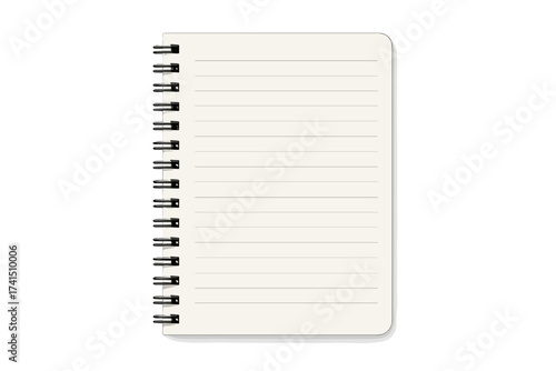 Realistic spiral notebook template with shadow. Vector illustration of a blank lined notepad. Empty page for notes, journaling or diary. School and office supplies stationery.