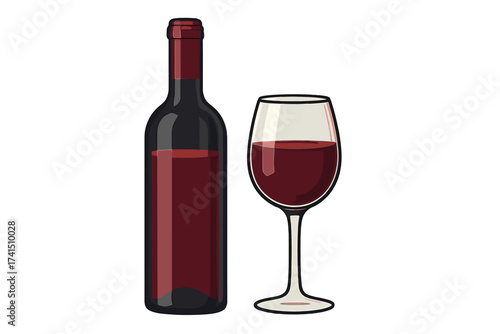 Red wine bottle and glass isolated on white. Vector illustration for alcoholic beverage, winery, restaurant menu, or celebration. Bar drink concept. Flat cartoon style design.