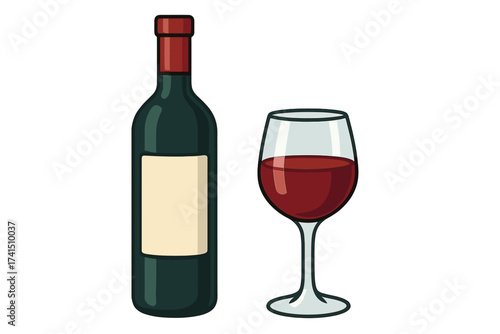 Red wine bottle and glass vector illustration. Cartoon flat icon for bar, restaurant menu. Alcoholic beverage for celebration, party. Sommelier, winery, tasting concept.
