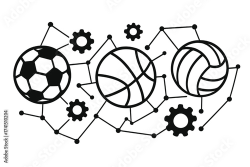 Sport mechanism concept with connected football, basketball, volleyball. Team game strategy, network, and system. Abstract sports technology illustration with balls and gears.
