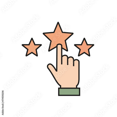 Hand cursor finger pointing to the center of three peach stars on a white background Keywords: hand, cursor, finger, pointing, touch, click, select, choose, star, rating, review