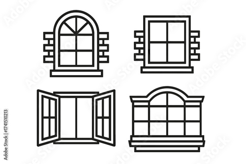 Window outline icon set. Vector collection of classic architectural frames. House building exterior elements. Open and closed windows illustration for design. Line art symbol.