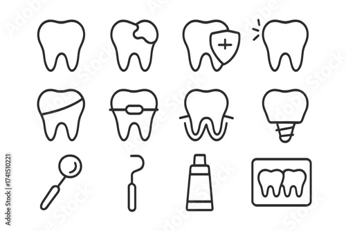 Dentistry line icons set. Dental care concepts. Tooth treatment, caries, implant, braces, hygiene, whitening, prevention, and orthodontics. Medical vector symbols collection.