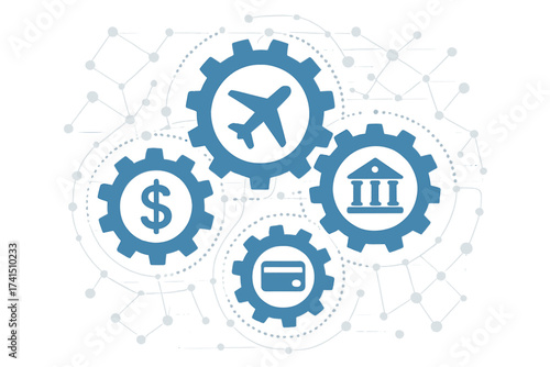 Travel finance mechanism concept. Connected gears with airplane, money, bank, and card icons. Vector illustration for booking flights, currency exchange, and payment systems.