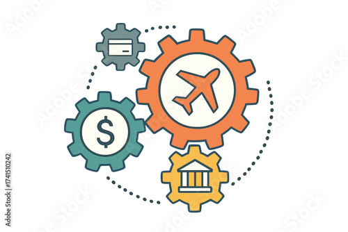 Travel finance mechanism. Abstract background with connected gears and flat icons. Connected symbols for money, card, bank. Vector interactive illustration for flight booking.