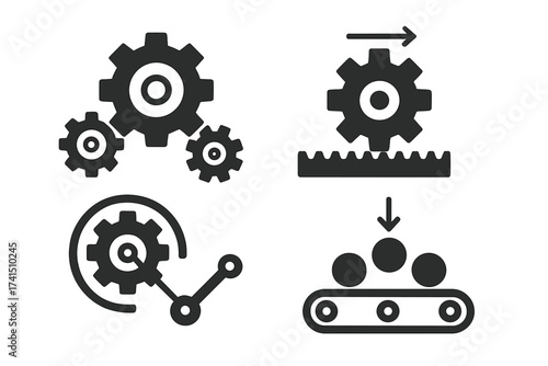 Production process icon set. Manufacturing, automation, workflow concept. Gear mechanism, conveyor belt, process optimization symbol. Industry, engineering vector illustration.