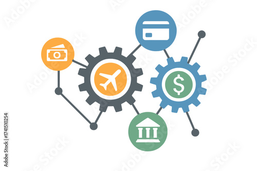 Travel finance concept. Payment system for tourism. Abstract illustration with connected gears and flat icons. Money, credit card, bank, and airplane symbols infographic.