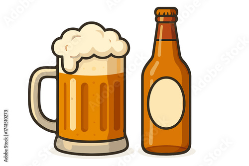 Beer mug and bottle vector illustration. Cartoon icon of lager or ale in a glass stein with foam. Concept for pub menu, brewery, bar, Oktoberfest party or alcohol beverage.