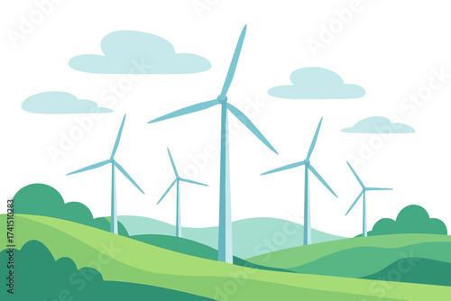 Wind turbines on green hills landscape. Renewable energy concept. Windmill farm for sustainable power generation. Eco-friendly electricity production vector illustration.