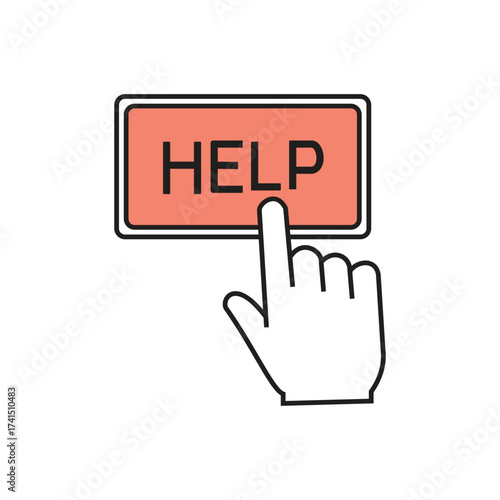Hand cursor finger pressing a peach colored rectangular button labeled HELP on a white background Keywords: hand, cursor, finger, pressing, pushing, touch, click, button, help
