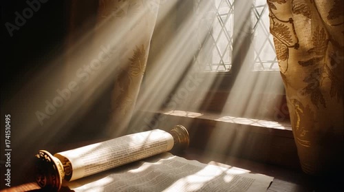 Cinematic shot of a brilliant sunbeam from a high window illuminating an open scroll of Isaiah’s prophecy in Mary’s room — the moment the angel appears.
