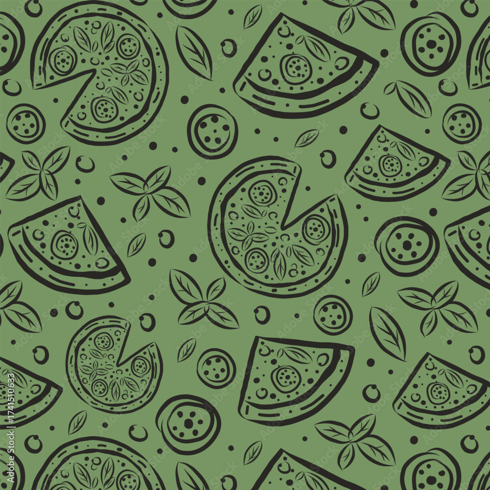 Naklejka premium Vector seamless pizza background featuring slices, tomatoes, and basil. Ideal for cafe menus, kitchen decor, delivery packaging, and Italian food promotions.