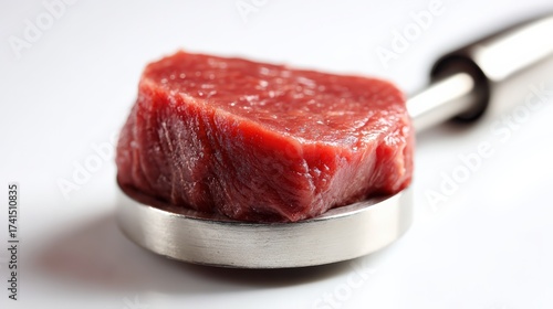 Fresh raw red meat displayed on a stainless steel serving spoon for culinary inspiration