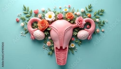 Uterus model with flowers on blue background. Reproductive female system with floral decoration. Concept of feminine health, wellness. Medical illustration for gynecology, obstetrics topics,