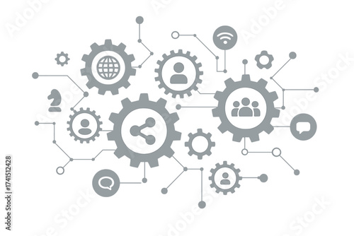 Technology Mechanism Concept with Integrated Gears and Digital Icons for Internet Strategy, Network Connection, Communication, Social Media, and Digital Interaction