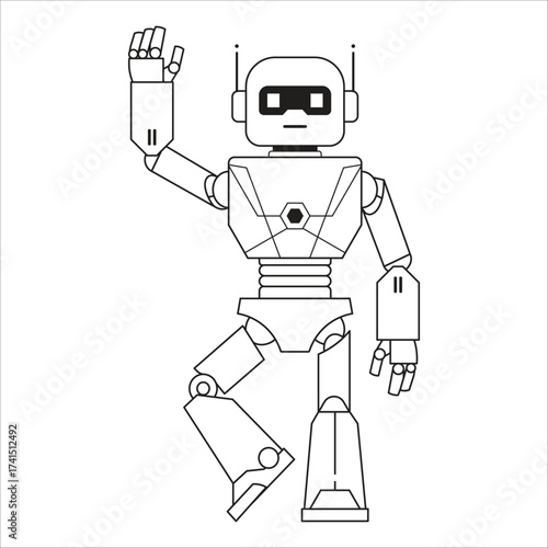 Black and White Robot Waving Hand Vector | Simple Flat Line Art Robot Saying Hi
