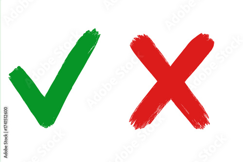 Green checkmark and red cross brush stroke symbols, isolated on white background, simple hand-painted yes and no signs, validation marks for voting, approval and rejection icons