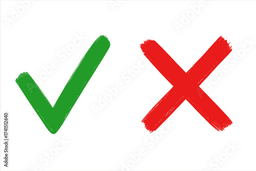 Green checkmark and red cross brush stroke icons, isolated on white background, simple hand-painted style symbols, yes and no marks for vote, approval and rejection design