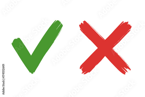 Green Checkmark and Red Cross Brush Strokes Signs, Isolated on White Background, Simple Graphic Design Symbols for Yes and No, Approval and Rejection Marks, Vote Buttons